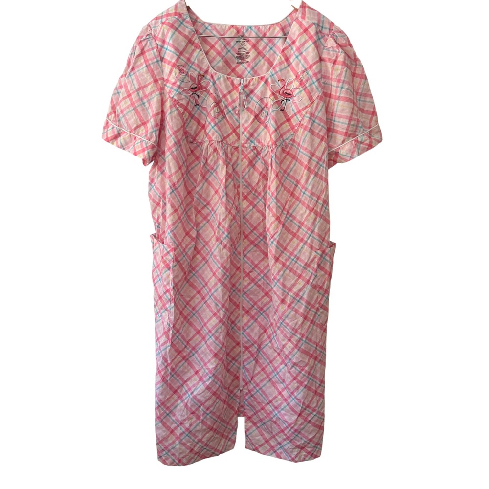 Secret Treasures Grandmacore Mumu Pink Plaid Flamingo Zip Front House Dress 3X